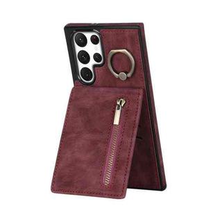 For Samsung Galaxy S22 Ultra 5G Retro Ring and Zipper RFID Card Slot Phone Case(Wine Red)