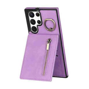 For Samsung Galaxy S22 Ultra 5G Retro Ring and Zipper RFID Card Slot Phone Case(Purple)