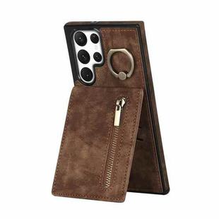 For Samsung Galaxy S22 Ultra 5G Retro Ring and Zipper RFID Card Slot Phone Case(Brown)
