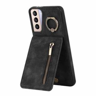 For Samsung Galaxy S21 5G Retro Ring and Zipper RFID Card Slot Phone Case(Black)