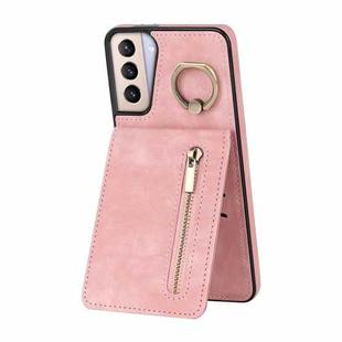 For Samsung Galaxy S21+ 5G Retro Ring and Zipper RFID Card Slot Phone Case(Pink)