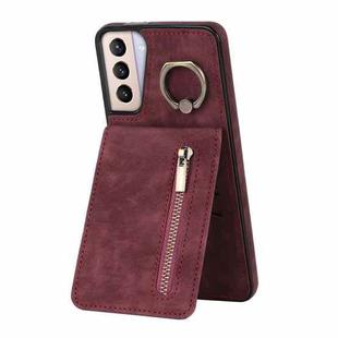 For Samsung Galaxy S21+ 5G Retro Ring and Zipper RFID Card Slot Phone Case(Wine Red)