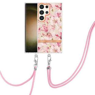 For Samsung Galaxy S24 Ultra 5G Flowers and Plants Series IMD TPU Phone Case with Lanyard(Pink Gardenia)