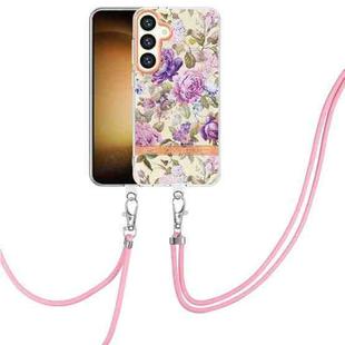 For Samsung Galaxy S24+ 5G Flowers and Plants Series IMD TPU Phone Case with Lanyard(Purple Peony)