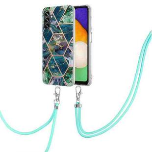 For Samsung Galaxy A34 5G Electroplating IMD Splicing Dual-side Marble TPU Phone Case with Lanyard(Blue Green)