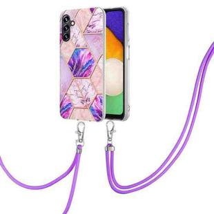 For Samsung Galaxy A54 5G Electroplating IMD Splicing Dual-side Marble TPU Phone Case with Lanyard(Light Purple)