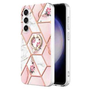 For Samsung Galaxy S23 FE 5G Splicing Marble Flower IMD TPU Phone Case with Ring Holder(Pink Flower)