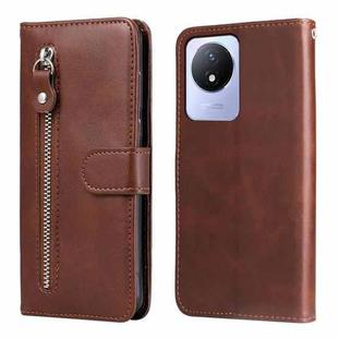 For vivo Y02 4G Calf Texture Zipper Leather Phone Case(Brown)
