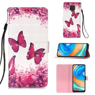 For Xiaomi Redmi Note 9S 3D Painting Horizontal Flip Leather Case with Holder & Card Slot & Lanyard(Rose Red Butterfly)