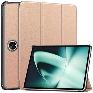 For OnePlus Pad Custer Pure Color 3-Fold Holder Smart Leather Tablet Case(Rose Gold)