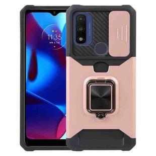 For Motorola Moto G Play 2023 Camera Shield Card Slot Phone Case with Ring Holder(Rose Gold)