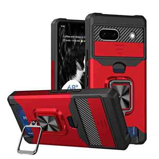 For Google Pixel 7a Camera Shield Card Slot Phone Case with Ring Holder(Red)