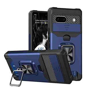 For Google Pixel 7a Camera Shield Card Slot Phone Case with Ring Holder(Blue)