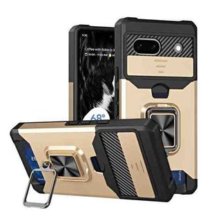 For Google Pixel 7a Camera Shield Card Slot Phone Case with Ring Holder(Gold)