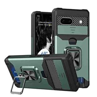 For Google Pixel 7a Camera Shield Card Slot Phone Case with Ring Holder(Dark Green)