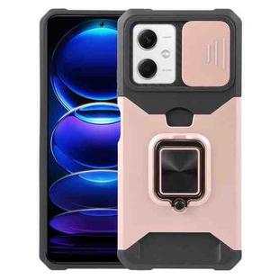 For Xiaomi Redmi Note 12 5G / Poco X5 Camera Shield Card Slot Phone Case with Ring Holder(Rose Gold)