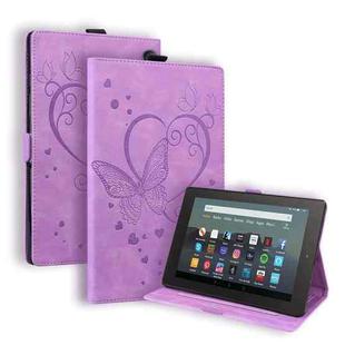 For Amazon Kindle Fire 7 2022 Love Butterfly Pattern Leather Tablet Case with Holder & Sleep(Purple)