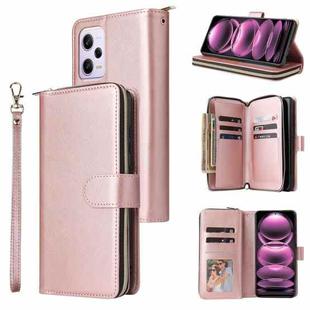 For Xiaomi Redmi Note 12 Pro 5G Speed / Note 12 Pro 5G Global / Poco X5 Pro 9 Card Slots Zipper Wallet Bag Leather Phone Case(Rose Gold)
