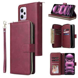 For Xiaomi Redmi Note 12 Pro 5G Speed / Note 12 Pro 5G Global / Poco X5 Pro 9 Card Slots Zipper Wallet Bag Leather Phone Case(Wine Red)