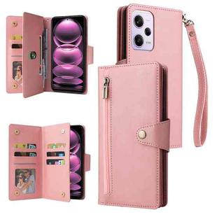 For Xiaomi Redmi Note 12 Pro 5G Speed / Note 12 Pro 5G Global / Poco X5 Pro Rivet Buckle 9 Cards Three Fold Leather Phone Case(Rose Gold)