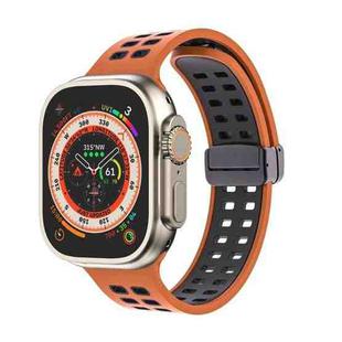 Magnetic Fold Clasp Square Holes Silicone Watch Band For Apple Watch Ultra 49mm / Series 8&7 45mm / SE 2&6&SE&5&4 44mm / 3&2&1 42mm(Orange Black)