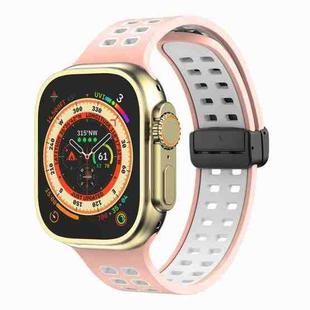 Magnetic Fold Clasp Square Holes Silicone Watch Band For Apple Watch Ultra 49mm / Series 8&7 45mm / SE 2&6&SE&5&4 44mm / 3&2&1 42mm(Pink White)