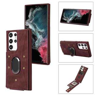 For Samsung Galaxy S22 Ultra 5G Armor Ring Wallet Back Cover Phone Case(Wine Red)