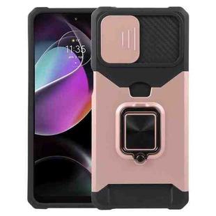 For Motorola Moto G 5G 2023 Camera Shield Card Slot Phone Case with Ring Holder(Rose Gold)
