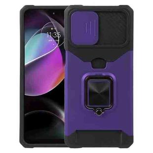 For Motorola Moto G 5G 2023 Camera Shield Card Slot Phone Case with Ring Holder(Purple)