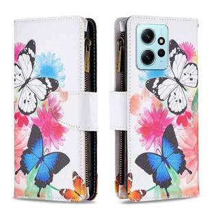 For Xiaomi Redmi Note 12 4G Global Colored Drawing Pattern Zipper Leather Phone Case(Two Butterflies)