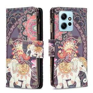 For Xiaomi Redmi Note 12 4G Global Colored Drawing Pattern Zipper Leather Phone Case(Flower Elephants)