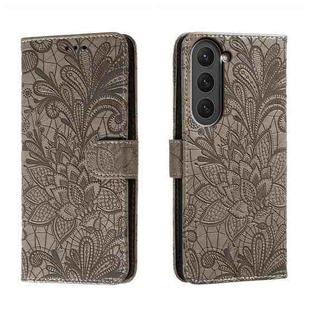 For Samsung Galaxy S23 5G Lace Flower Embossing Flip Leather Phone Case(Grey)