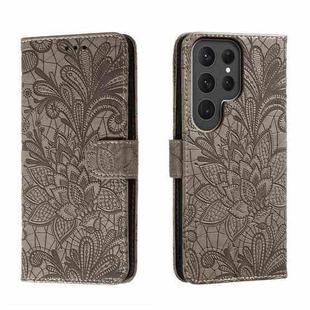 For Samsung Galaxy S23 Ultra 5G Lace Flower Embossing Flip Leather Phone Case(Grey)