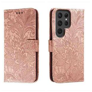 For Samsung Galaxy S23 Ultra 5G Lace Flower Embossing Flip Leather Phone Case(Rose Gold)