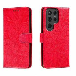 For Samsung Galaxy S23 Ultra 5G Lace Flower Embossing Flip Leather Phone Case(Red)