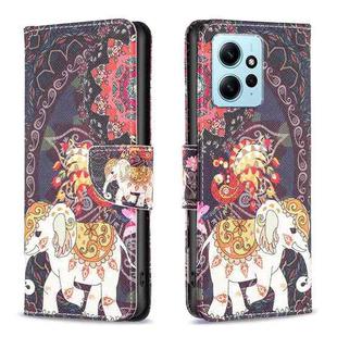 For Xiaomi Redmi Note 12 4G Global Colored Drawing Leather Phone Case(Flowers Elephant)