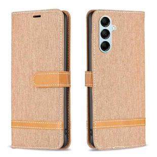 For Samsung Galaxy M14 5G Color Block Denim Texture Leather Phone Case(Brown)