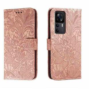 For Xiaomi Redmi K50 Ultra Lace Flower Embossing Flip Leather Phone Case(Rose Gold)