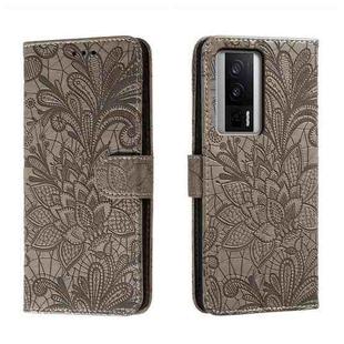 For Xiaomi Redmi K60 Lace Flower Embossing Flip Leather Phone Case(Grey)