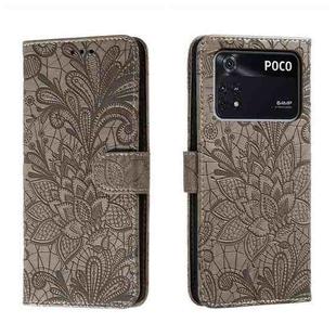 For Xiaomi Poco M4 Pro Lace Flower Embossing Flip Leather Phone Case(Grey)