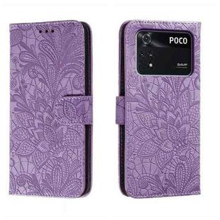 For Xiaomi Poco M4 Pro Lace Flower Embossing Flip Leather Phone Case(Purple)