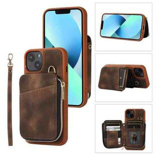 For iPhone 14 Zipper Card Bag Back Cover Phone Case(Brown)