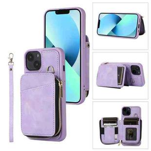 For iPhone 14 Plus Zipper Card Bag Back Cover Phone Case(Purple)