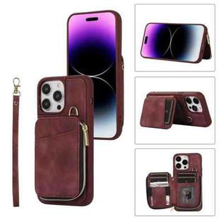 For iPhone 14 Pro Zipper Card Bag Back Cover Phone Case(Wine Red)