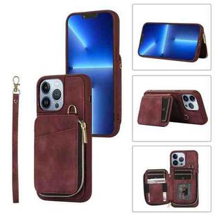 For iPhone 13 Pro Max Zipper Card Bag Back Cover Phone Case(Wine Red)