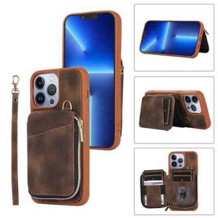 For iPhone 13 Pro Max Zipper Card Bag Back Cover Phone Case(Brown)