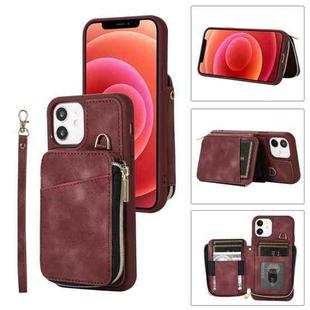 For iPhone 12 Zipper Card Bag Back Cover Phone Case(Wine Red)