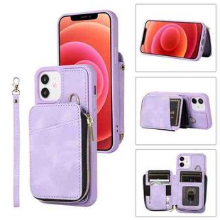 For iPhone 12 Zipper Card Bag Back Cover Phone Case(Purple)