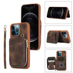 For iPhone 12 Pro Zipper Card Bag Back Cover Phone Case(Brown)