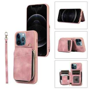 For iPhone 12 Pro Zipper Card Bag Back Cover Phone Case(Pink)